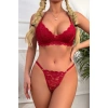 Kadın Bordo Sırtı Dantel Ve İp Detaylı Şık Sütyen Külot Takımı