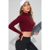 Kadın Bordo Uzun Kol Fermuarlı Parmak Geçme Detaylı Dik Yaka Crop Top Bluz
