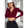 Kadın Bordo Uzun Kol Fermuarlı Parmak Geçme Detaylı Dik Yaka Crop Top Bluz