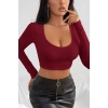 Kadın Bordo Uzun Kol Kare Yaka Crop Top Bluz