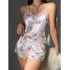 Kadın Ekru Gül Desenli Askılı Dantel Üst Pijama Takımı 2222