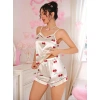 Kadın Ekru Kiraz Desenli Saten Şort Pijama Takımı 2226