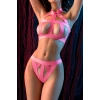 Kadın Fantazi Seksi Pembe Bant Detaylı İç Giyim Takımı, Fetiş Tarz İki Parça Transparan Set