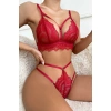 Kadın Kırmızı Cut-out Büstiyerli Beli Çapraz Lastikli Külotlu Çamaşır Takımı