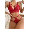 Kadın Kırmızı Cut-out Büstiyerli Beli Çapraz Lastikli Külotlu Çamaşır Takımı