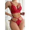Kadın Kırmızı Cut-out Büstiyerli Beli Çapraz Lastikli Külotlu Çamaşır Takımı