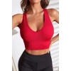 Kadın Kırmızı Derin Göğüs Dekolteli Şık Crop Top Bluz