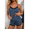 Kadın Lacivert Alt Ve Üst Dantel Detaylı Şortlu Gecelik Takımı