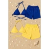 Kadın Sarı Ve Mavi Şortlu Belden Ve Boyundan Bağlamalı Bikini Takımı