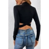 Kadın Siyah Çapraz Bel Detaylı Dik Yaka Uzun Kol Crop Top Bluz