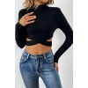 Kadın Siyah Çapraz Bel Detaylı Dik Yaka Uzun Kol Crop Top Bluz