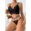 Kadın Siyah Çift Sıra Çapraz Askılı Cut-out Tanga Detaylı Şık Takım