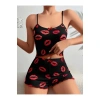 Kadın Siyah Dudak Desenli Şortlu Pijama Takımı 5057