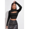 Kadın Siyah Göğüs Dekolteli Uzun Kollu Cut Out Crop Top Bluz