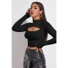 Kadın Siyah Göğüs Dekolteli Uzun Kollu Cut Out Crop Top Bluz