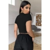 Kadın Siyah Göğüs Dekolteli Yarım Kollu Cut Out Crop Top Bluz