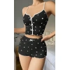Kadın Siyah Kalp Desenli Askılı Şortlu Pijama Takım 6650