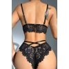 Kadın Siyah Kalp Tokalı Çapraz Lastik Detaylı Dantel İç Çamaşır Takımı