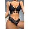 Kadın Siyah Kalp Tokalı Çapraz Lastik Detaylı Dantel İç Çamaşır Takımı
