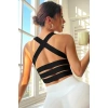 Kadın Siyah Sırtı Çapraz Lastik Detaylı Crop Top Bluz