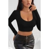 Kadın Siyah Uzun Kol Kare Yaka Crop Top Bluz