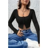 Kadın Siyah Uzun Kollu Agraflı Göğüs Ve Göbek Dekolteli Crop Top Bluz