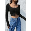 Kadın Siyah Uzun Kollu Agraflı Göğüs Ve Göbek Dekolteli Crop Top Bluz