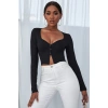 Kadın Siyah Uzun Kollu Düğmeli Göğüs Ve Göbek Dekolteli Crop Top Bluz