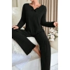 Kadın Siyah Uzun Kollu Fiyonklu Yuvarlak Yaka Mevsimlik Pijama Takımı