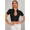 Kadın Siyah Yarım Fermuarlı Ve Kısa Kollu Crop Top Bluz