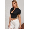 Kadın Siyah Yarım Fermuarlı Ve Kısa Kollu Crop Top Bluz