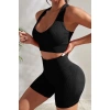 Kadın Siyah Yüksek Bel Çapraz Sırt Detaylı Şortlu Gecelik Takım