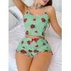 Kadın Yeşil Çilek Desenli Şortlu Pijama Takımı 5060