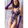 Mor Dantel Fantezi İç Giyim Takımı Eldivenli, 3lü Set, Transparan Tüllü Body Fantazi İç Giyim