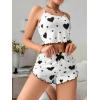 Pamuklu Beyaz Üstüne Siyah Kalp Desen Fitilli Askılı Şortlu Pijama Takımı