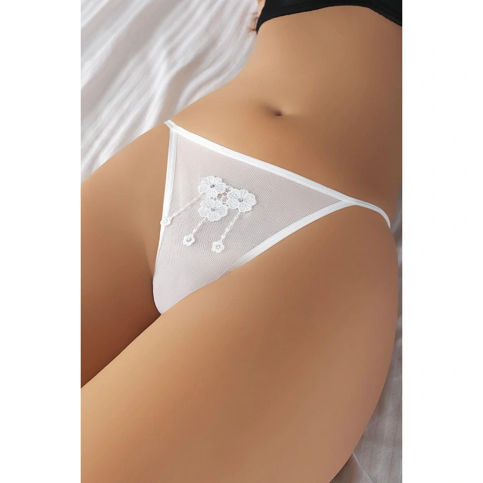 Beyaz Nakışlı Desenli Fantezi Tanga String