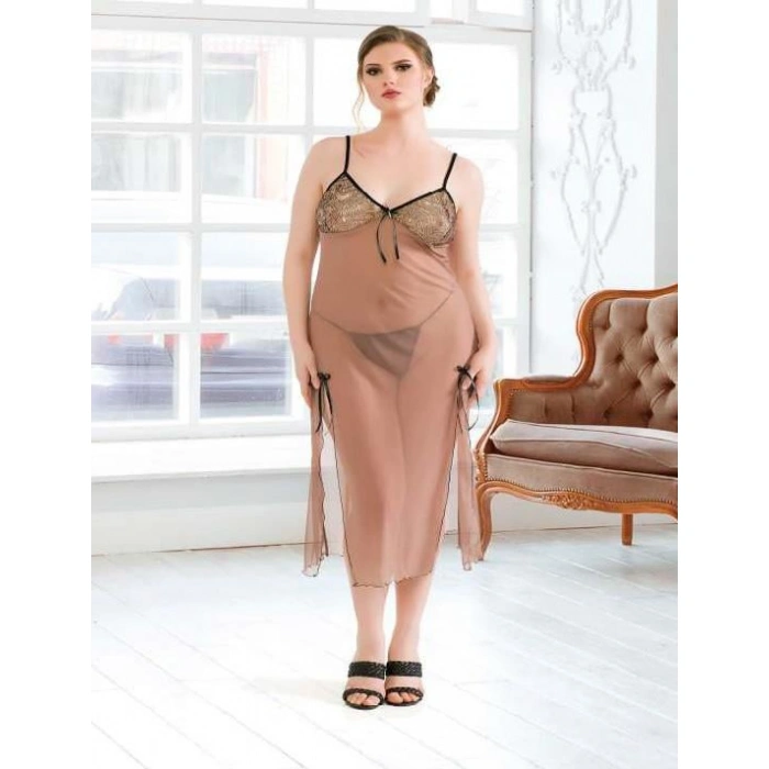 Büyük Beden Kahverengi Tül Fantezi Uzun Yırtmaçlı Gecelik