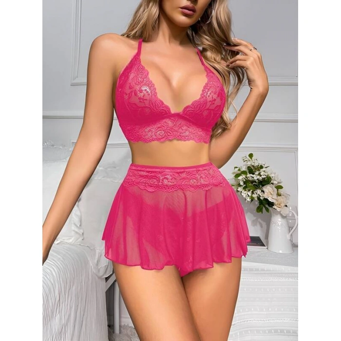 Dantel Ve Tül Detaylı Seksi Kadın Fantezi Gecelik Takımı