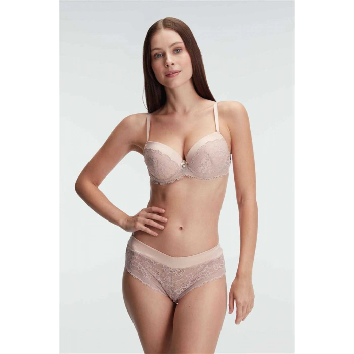 Destekli Balenli Kaplı Dantel Detaylı Sütyen Slip İç Çamaşırı Takımı