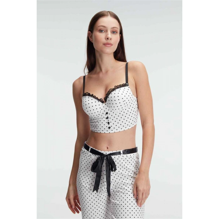 Fantezi Bralet Sütyen Pamuklu Puantiye Desenli Desteksiz Dantel Detaylı Pijama Takımı