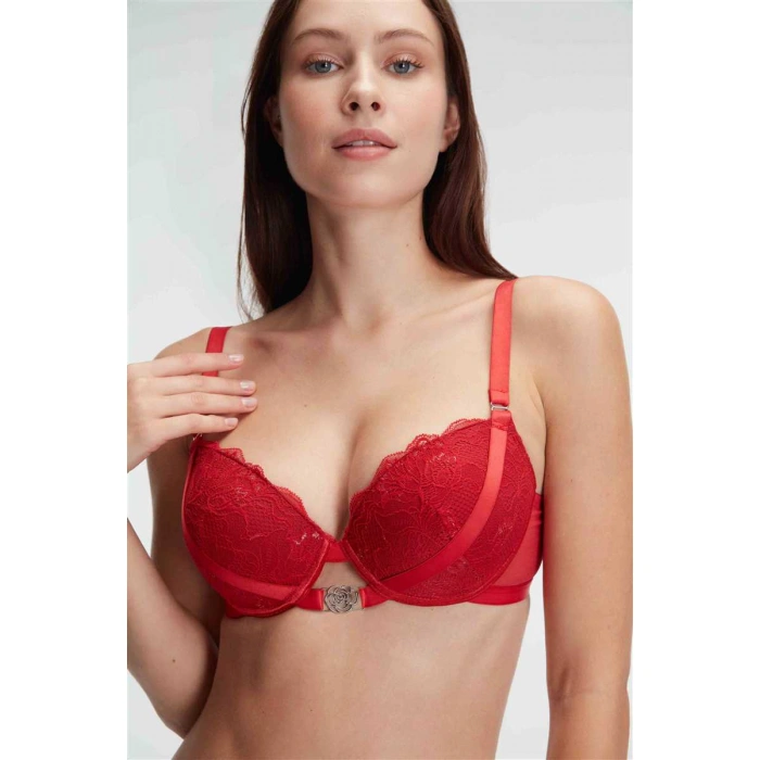 Fantezi Destekli Balenli Kaplı İpli Aksesuarlı Sütyen Slip İç Çamaşırı Takımı