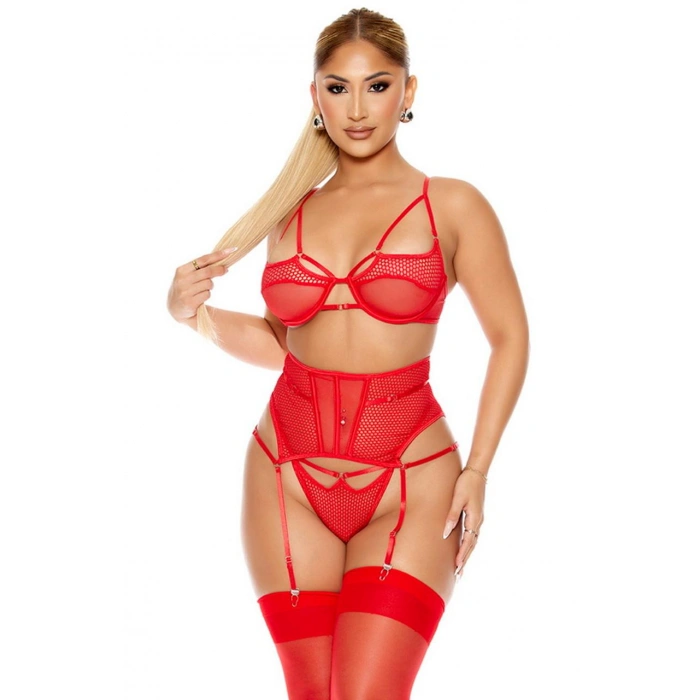 Fantezi File Tül Detaylı Kırmızı Jartiyer  Takım