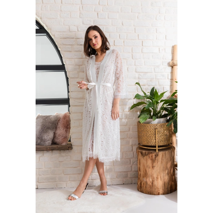 Gelin Set Transparan Midi Boy Kuşaklı Sabahlık Ekru (mgp12176)