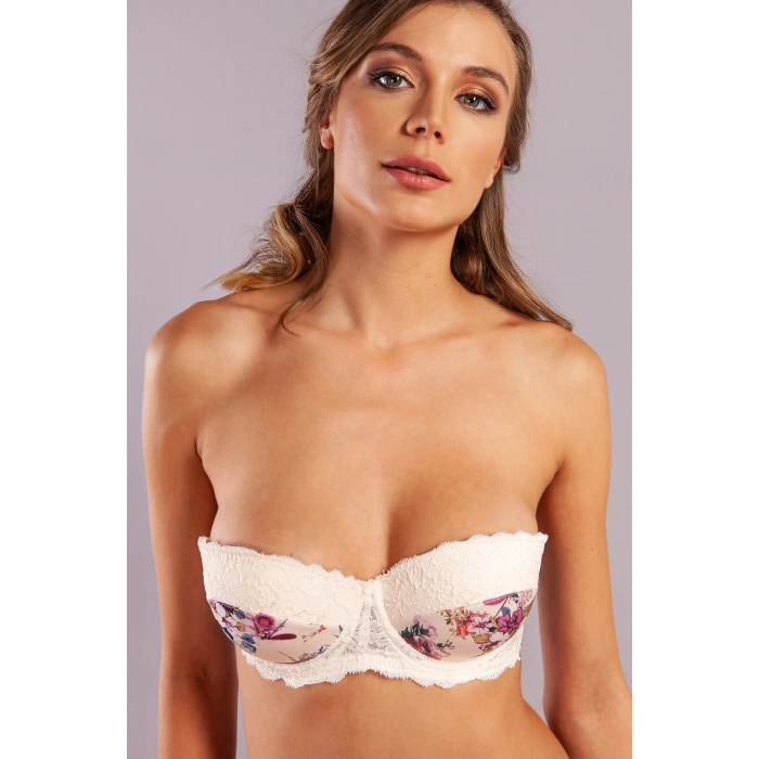 Gitana  Half Push Up Bra,çiçekli Ekru Straplez Konforlu Ve Şık Sütyen