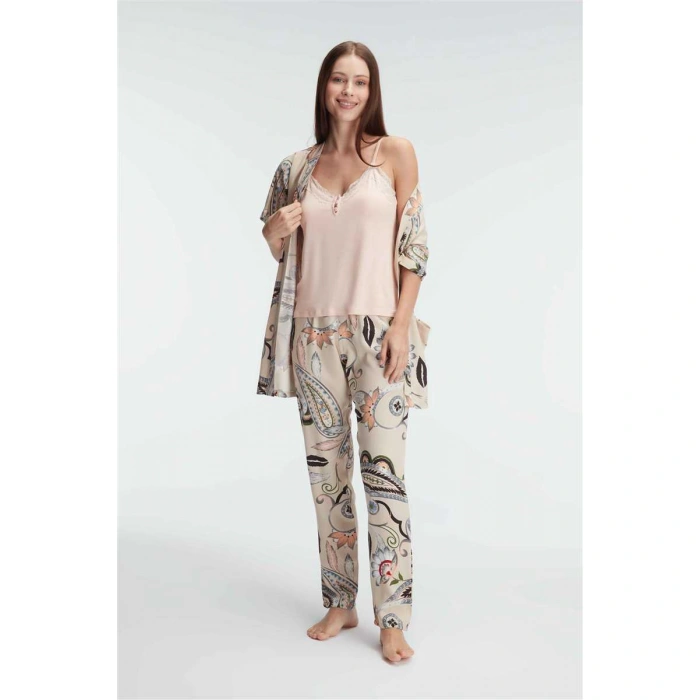 İp Askılı V Yaka Kadın Viskon Çiçek Desenli Yazlık Dantel Detaylı Pijama Takımı Sabahlık