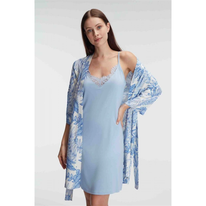 İp Askılı V Yaka Kadın Viskon Çiçek Desenli Yazlık Mini Dantel Detaylı Gecelik Sabahlık