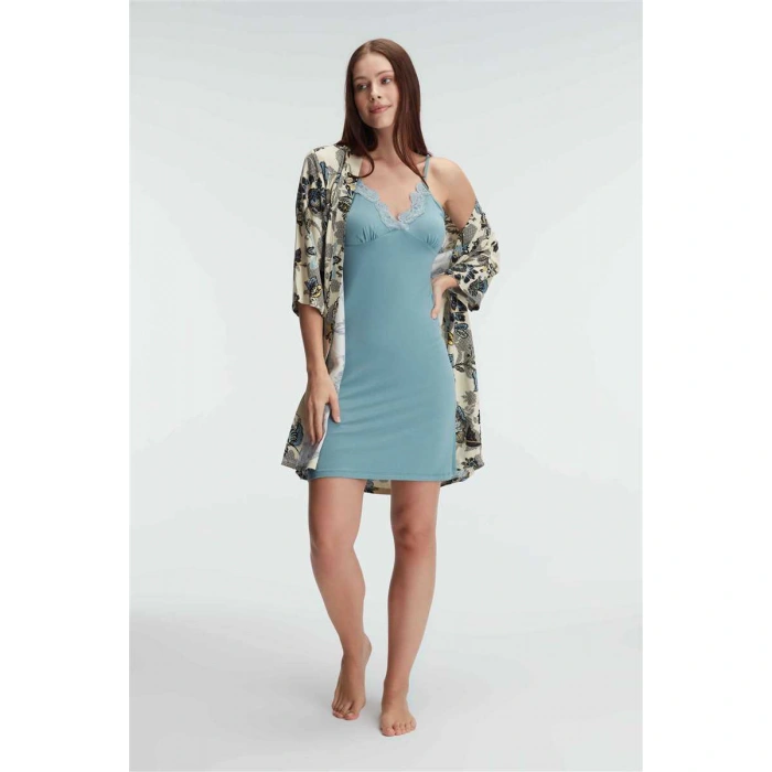 İp Askılı V Yaka Kadın Viskon Çiçek Desenli Yazlık Mini Dantel Detaylı Gecelik Sabahlık