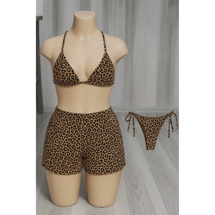 Kadın 3lü Set Leopar Desenli Şortlu Ve Yandan Bağlamalı Bikini Mayo Takımı