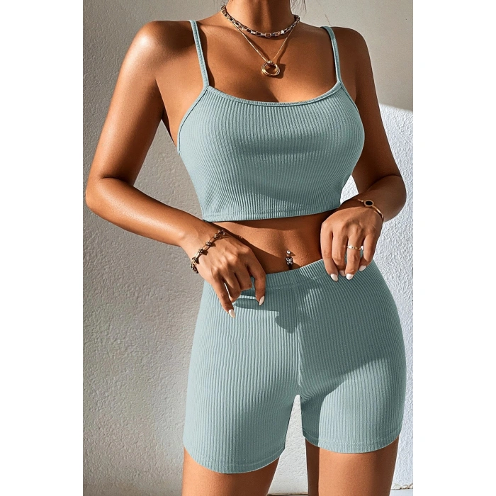 Kadın Açık Mavi Şortlu Kaşkorse Gecelik Takım