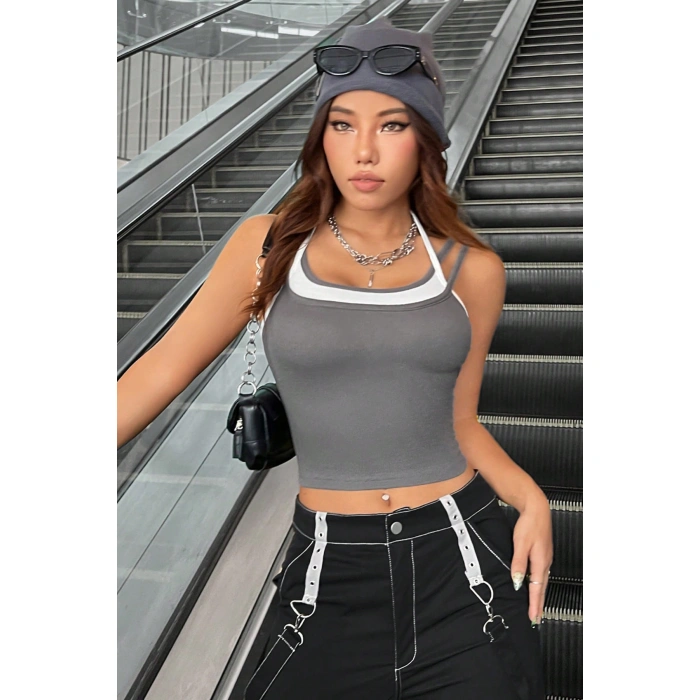 Kadın Antrasit Gri Beyaz Çift Renk Çapraz Askılı Crop Top Bluz